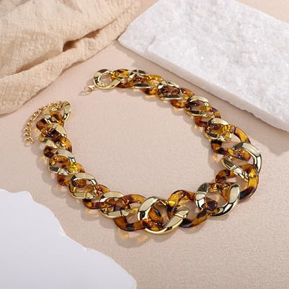 Punk Chunky Mixed Color Cuban Chain Necklace Acrylic Link Chain Lightweight Chain Curb Choker for Women - color: Leopard Print Gold