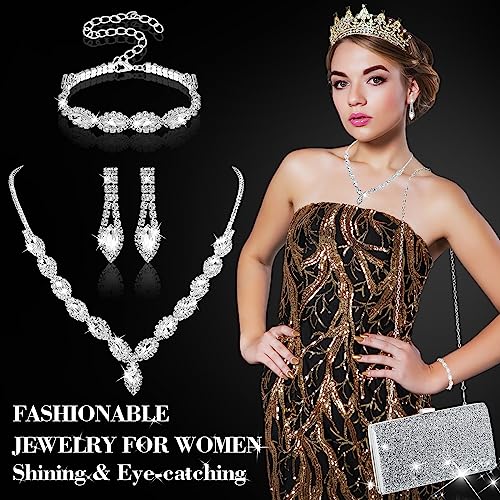 Mixweer 4 Pieces Clutch Purses Bag for Women Evening Rhinestone Jewelry Set Bling Necklace Earrings Bracelets Set for Wedding - style: Graceful Style