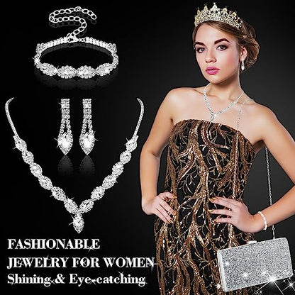 Mixweer 4 Pieces Clutch Purses Bag for Women Evening Rhinestone Jewelry Set Bling Necklace Earrings Bracelets Set for Wedding - style: Graceful Style
