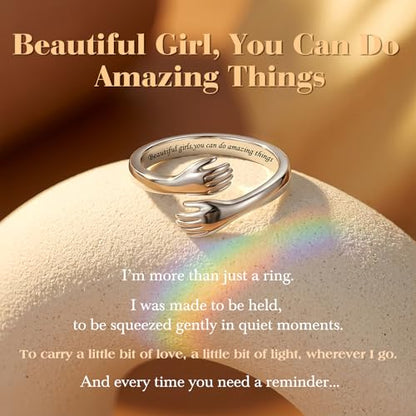 Sterling Silver Hug Ring for Women Teen Girls Adjustable Love Promise Ring Inspirational Open Rings Mothers Day Birthday Gift for Daughter Granddaughter Mom Wife Best Friend - color: Silver / Daughter Gift(Beautiful g***s,you can do amazing things)