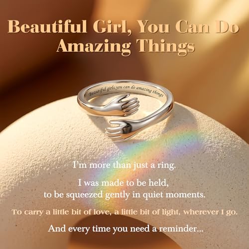 Sterling Silver Hug Ring for Women Teen Girls Adjustable Love Promise Ring Inspirational Open Rings Mothers Day Birthday Gift for Daughter Granddaughter Mom Wife Best Friend - color: Silver / Granddaughter Gift(Beautiful g***s,you can do amazing things)