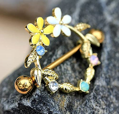 Pierced Owl 14GA Golden Leaves Shield with Flowers and Colorful CZs 316L Surgical Stainless Steel Barbell Nipple Ring Shields, Sold as a Pair