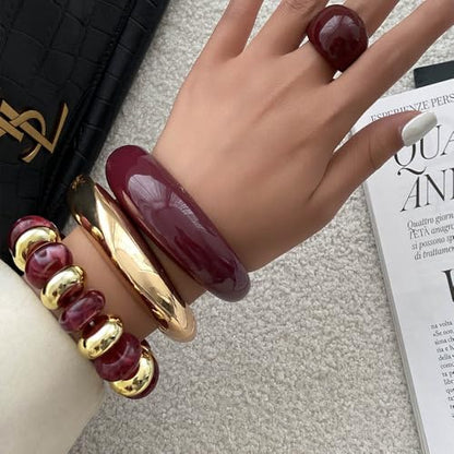 Chunky Gold Acrylic Bangle Bracelets for Women Chunky Resin Beaded Bracelets 14K Gold Plated Bangle Stack Statement Cuff Jewelry Gift - color: RED Bracelet