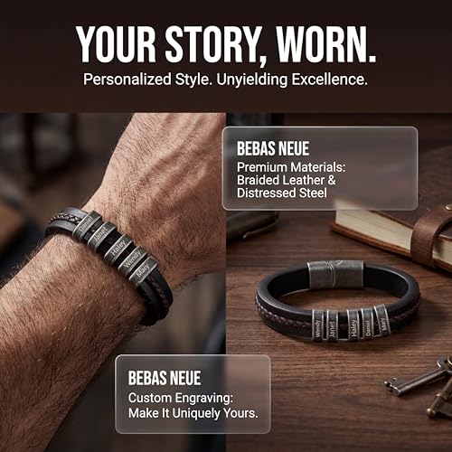 Personalized Bracelet for Men, Engraved Name Bead Braided Leather Bracelet for Dad Husband Grandpa Son, Custom Stainless Steel Men's Bracelet - color: 5 names