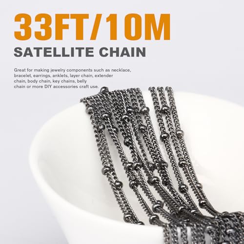 33FT 2mm Gunmetal Black Satellite Curb Chains Roll Bulk for Jewelry Making | 304 Stainless Steel Ball Beaded Twisted Link Satellite Chain Spool for DIY Craft - color: Black Small Beads Satellite Curb Chain