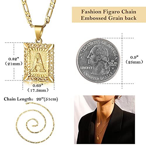 KissYan Initial Letter Pendant Necklace for Men Women, 14K Gold Plated Square Capital Monogram Necklace Alphabets from A-Z Figaro Chain Jewelry | 14K Gold Filled/White Gold Plated, Square Letter Capital Monogram Pendant with 20''+2'' Figaro Chain, Alphabe