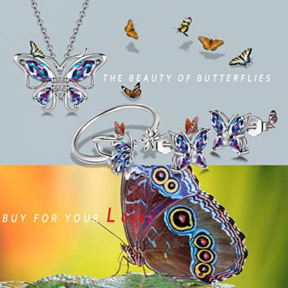 925 Sterling Silver Birthstone Butterfly Jewelry Women Crystal Animal Cute Butterflies Birthday Necklace/Earring/Ring/Bracelet Sets Birth Stone Statement Anniversary Jewellery - color: 2-M.Mysitc-Rainbow-Topaz