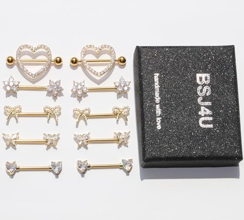 BSJ4U Nipple Piercing Jewelry 14G Stainless Steel Nipple Rings for Women Heart Butterfly Flower Bow Nipple Barbells - color: Gold Clear CZ Nipple Piercing Jewelry