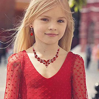 Wedding Statement Necklace Clip-on Earrings Jewelry Set | Sparkling Austrian Crystal Teardrop Cluster for Party Prom Accessories - color: 06-Ruby Color Silver-Tone