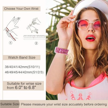 Newlibery Natural Stone Bracelet Beaded-Bands Women Compatible with Apple Watch 38mm 40mm 41mm 42mm (S10/11) Feminine Cute Handmade Stretch Strap for iWatch Series 11/10/9/8/7/6/5/4/3/2/1 SE 3/2/1 - color: A9 Rose Red, size: 38/40/41/42mm(s10/11)