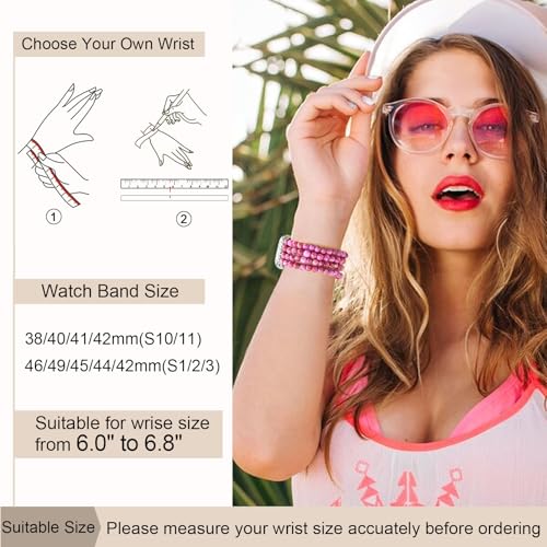 Newlibery Natural Stone Bracelet Beaded-Band Women Compatible with Apple Watch 42mm(S3/2/1) 44/45/46/49mm Feminine Handmade Stretch Strap for iWatch Series 11/10/9/8/7/6/5/4/3/2/1 SE 3/2/1 Ultra1/2/3 - color: A9 Rose Red, size: 46(s10/11)/49/45/44/42mm(s1