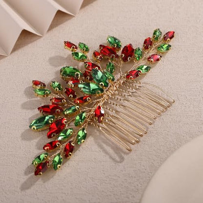 Teyglen Bridal Red and Green Crystal Hair Comb Christmas Headpiece Full Rhinestone Wedding Hair Comb Crystal Teardrop Hair Piece Hair Accessories for Women Party Prom(Red and green) - color: Red and green