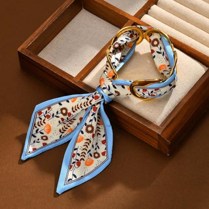 Women Trendy 2 in 1 Silk Scarf Wide Open Cuff Bangle Bracelet Set,18K Gold Plated Adjustable Scarf Cuff Bracelet, Stainless Steel Fashion Statement Wrist Cuff Wrap Jewelry Gifts - color: Blue