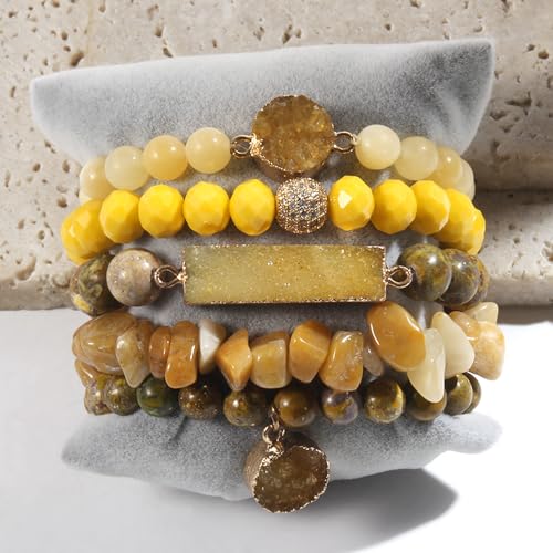 Yomisa 5PCS 6PCS Natural Boho Beaded Bracelets/Bangle for Women Men,Healing Turquoise Jasper Agate Crystal Gemstone Stone Chakra Multilayer Wrap Bohemian Handmade Jewelry Beads Stretch Bracelet Set - color: 5PCS-Yellow