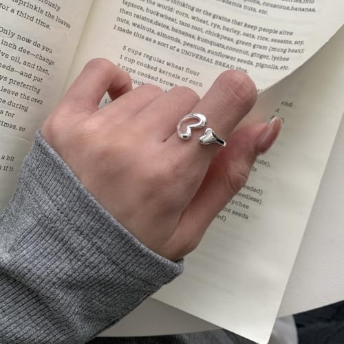 Silver Open Adjustable Stacking Rings for Women, Minimalist Wrap Band Set, Geometric/Heart/Wave/Leaf/Spiral Styles, Hypoallergenic, Gift Box Included, Thumb Ring Option - color: Hollow Heart Cutout