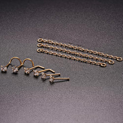 Nose Ring Chain Across Nose Black Stainless Steel Nostril Nose Piercing Chain with Cubic Zirconia Nose Screw Bone L-Shaped Ring for Women Body Piercing Nostril Jewelry with Bridge Chain - color: Gold-Single Nose Chain Studs