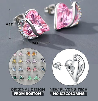 Infinity Love Heart Stud Earrings for Women, Birthstone and Healing Stone, Gifts for Mom, Wife, and Her, Silver Plated - color: 10b-October-Healing Stone for Love-Rose Quartz Pink