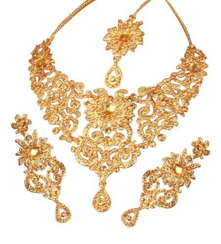 Touchstone Indian Jewelry Sets for Women Bollywood Wedding Bridal Necklace desi Earrings Formal Fancy Rhinestone India Designer Jewellery Punjabi Tikka Set in Antique Gold or Silver or White Tone - color: 1 Yellow in Gold