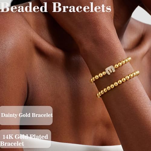 Initial Stack Bracelet Set for Women Trendy 14K Gold Plated Beaded Stackable Stacking Stretch Name Bracelets Dainty Friendship Waterproof Charm Cute Birthday Jewelry Gifts for Women - color: Initial E