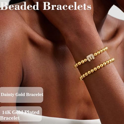 Initial Stack Bracelet Set for Women Trendy 14K Gold Plated Beaded Stackable Stacking Stretch Name Bracelets Dainty Friendship Waterproof Charm Cute Birthday Jewelry Gifts for Women - color: Initial E