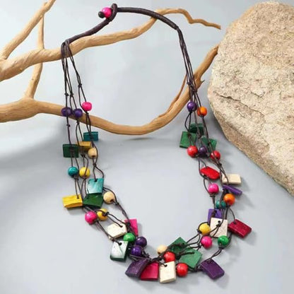 Boho Necklace for Women Long Layered Wooden Leather Leaf Pendant Statement Necklace Vintage Boho Jewelry - style: Square A