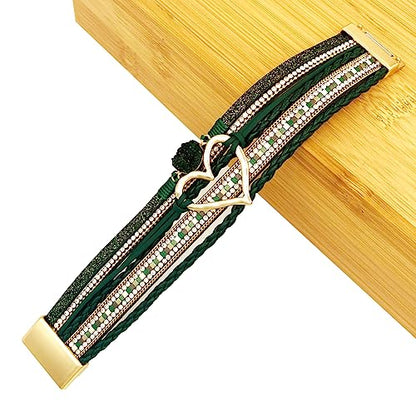 Womens Love Heart Leather Wrap Bracelet Multi-layer Stacked Bangle | Magnetic Clasp Soft PU Leather Resin Stone Rhinestone Boho Style Birthday Valentine Christmas Bohemian Jewelry Gift - color: Blackish Green