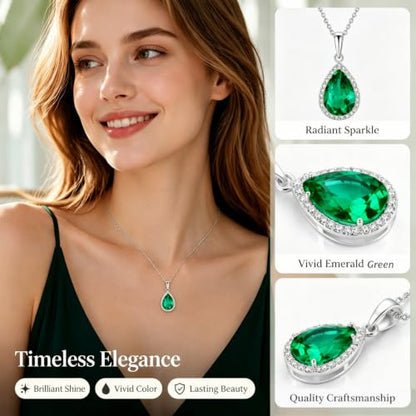 VONSSY Classic Oval Pendant Gemstone Necklace | Crystal Ruby Sapphire Waterdrop Birthstone Teardrop Emerald Necklace | 18K Platinum Gold Plated Chain | Jewelry Gift for Mother Wife Girlfriend - color: NL-Green-Platinunm