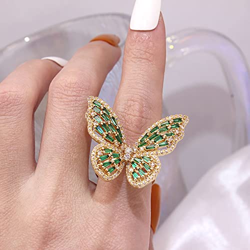 Butterfly Rings for Women Adjustable Golden Cocktail Ring Sparkly Stones Statement Silver Bow Open Wrap Bow Jewelry Bridesmaids Wedding Valentine’s Day Gift Lover Mother - color: JZ03-Gold Green