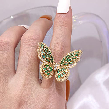 Butterfly Rings for Women Adjustable Golden Cocktail Ring Sparkly Stones Statement Silver Bow Open Wrap Bow Jewelry Bridesmaids Wedding Valentine’s Day Gift Lover Mother - color: JZ03-Gold Green