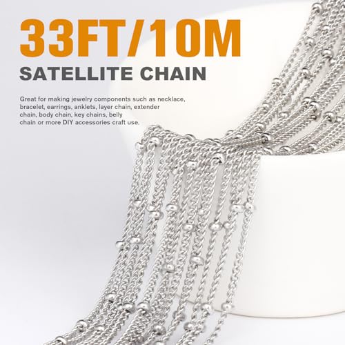 33FT 2mm Stainless Steel Satellite Curb Chains Roll Bulk for Jewelry Making | 304 Stainless Steel Ball Beaded Twisted Link Satellite Chain Spool for DIY Craft - color: Stainless Steel Small Beads Satellite Curb Chain