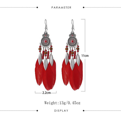 Boho Western Earrings for Women Western Feather Earrings Vintage Concho Turquoise Teardrop Dangle Earrings Country Concert Jewelry Accessories - style: Red feather