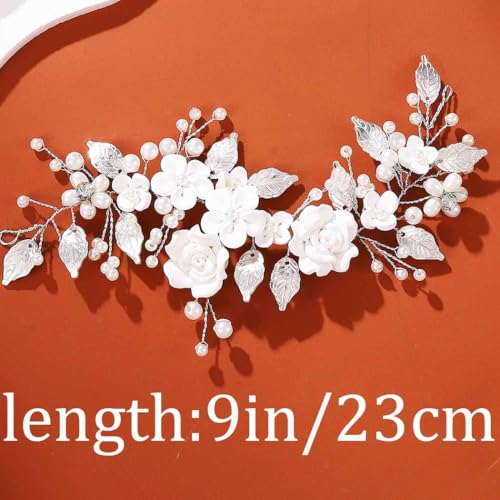 Flower Bride Wedding Hair Vine Pearl Bridal Hair Piece Leaf Hair Accessories Rhinestone Headband for Women (9inches) (Silver) - color: Silver