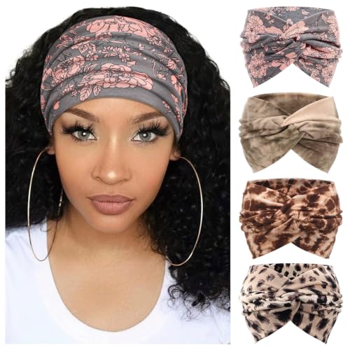 DRESHOW 4 Pack Turban Headbands for Women Wide Vintage Head Wraps Knotted Cute Hair Band Accessories - color: 4 Pcs: Brown White, Khaki, Leopard, Grey Floral