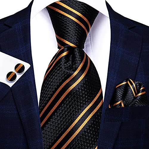 Hi-Tie Men 63inches Tie Set Extra Long Necktie Paisley Tie Pocket Suqare Cufflinks Big and Tall Men Tie - color: Black Gold