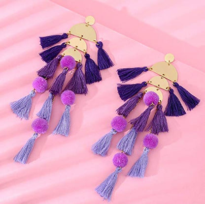 Long Tassel Earrings for Women Colorful Fringe Drop Dangle Earrings Bohemian Hawaiian Summer Beach Jewelry for Womens Vacation Outfits - color: Purple