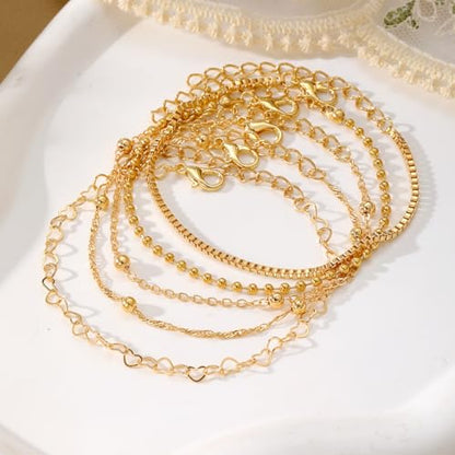 IFKM Gold Bracelets for Women, 14K Gold Plated Dainty Link Chain Bracelet set, Trendy Stackable Layered Bracelets jewelry Gifts - style: 5pcs Gold