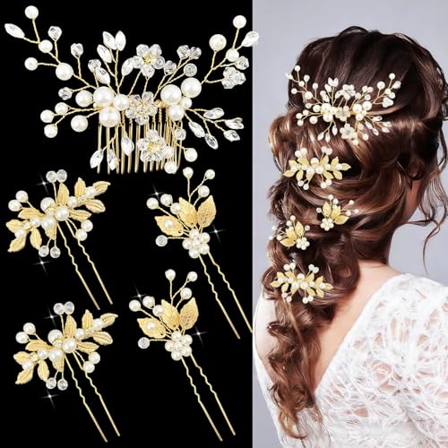 5 Pcs Gold Bridal Hair Accessories Set Crystal Pearl Embellished Hair Pins Hair Comb with Vintage Leaf Design Elegant Headpiece for Brides Bridesmaids Wedding Occasions (Gold) - color: Gold