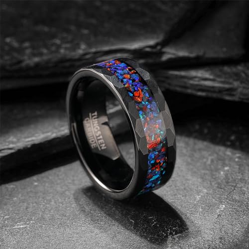 NUNCAD Black Tungsten Ring, Men's Wedding Rings with Blue/Amethyst/Galaxy Opal Ring 4mm 8mm Engagement Promise Ring Comfort Fit Size 5-12 - color: Galaxy Opal & 8mm