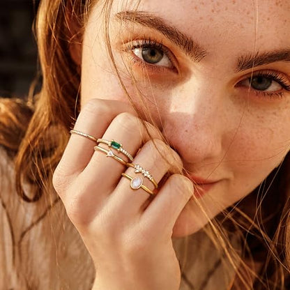 Fansilver 10PCS Stackable Gold Rings for Women Non Tarnish, 14K Gold Plated Dainty Cubic Zirconia Ring Set, Opal Emerald Heart Stacking Band Thumb Knuckle Rings Size 5-11