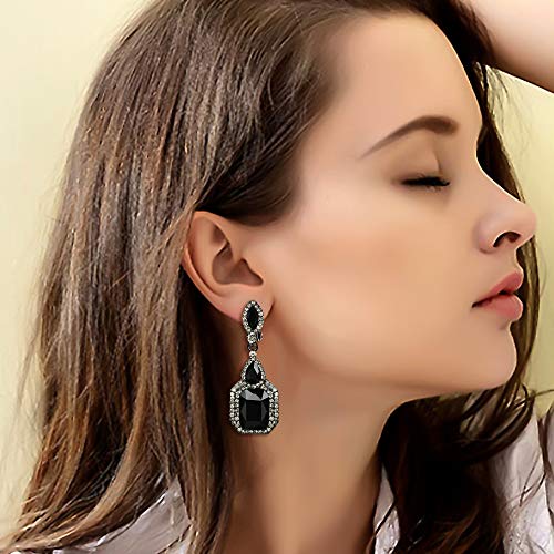 Women's Wedding Bridal Crystal Emerald Cut Infinity Figure 8 Chandelier Clip-On Dangle Earrings - color: New Black Black-Tone