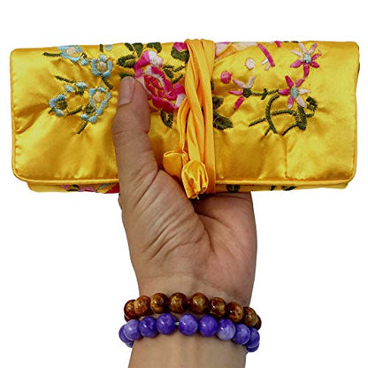 Travel Jewelry Roll Bag - Silk Embroidered Brocade Pouch for Rings, Necklaces, Earrings, Bracelets | Lightweight & Tie Closure (Gold Yellow) - color: Gold Yellow
