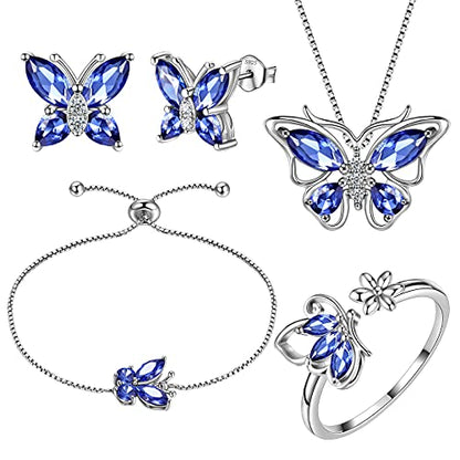 Aurora Tears Butterfly Jewelry,Women 925 Sterling Silver Butterflies Birthstone Pendant Necklace/Earrings/Rings Wedding Gift - color: L.December-set 3