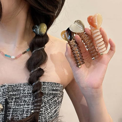 4Pcs Telephone Wire Hair Bands Spiral Hair Ties,Heart Decor Straight Phone Cord Hair Ties No Damage Coil Hair Ties Telephone Cord Hair Ties for Thick Hair Ponytail Holders Accessories for Women Girls