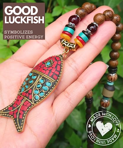 Bohemian Beaded Necklace for Women Long Boho Pendant Wood Mala Beads Wooden Strand Tassel Stone Bohemian Necklaces for Women Jewelry - style: Good Luck Fish