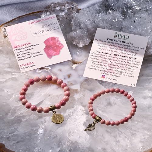 Bivei Natural Semi Precious Gemstone beads bracelet for women - Life Tree and Leaf Charm Energy Reiki Crystal Stretch Bracelets - color: Rhodochrosite Bracelet Set, size: Medium:6.8-7.24inch