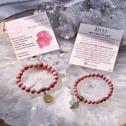 Bivei Natural Semi Precious Gemstone beads bracelet for women - Life Tree and Leaf Charm Energy Reiki Crystal Stretch Bracelets - color: Rhodochrosite Bracelet Set, size: Medium:6.8-7.24inch