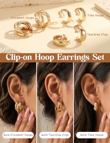 Giovanchi 3Pairs Clip on Earrings for Women with Non-Pierced Ears - Trendy Hypoallergenic 14K Gold Plated Chunky Tube Croissant Waterdrop Clip on Hoop Earrings - style: C-Gold