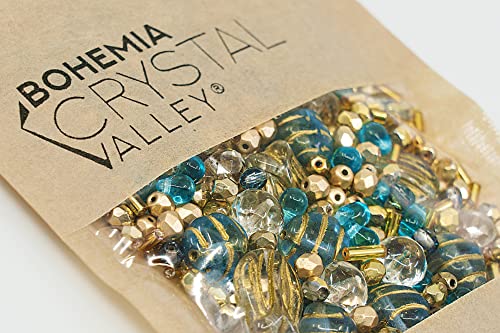 2.1oz (60 g) Mix of Unique Czech Bohemia Glass Pressed Beads, Rocailles, Aztec Pale Gold Crystal, Matte and Glossy, Hand Made BCV - color: Aztec Pale Gold Blue