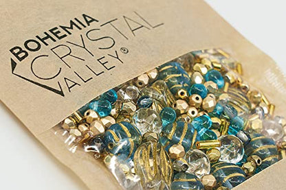 2.1oz (60 g) Mix of Unique Czech Bohemia Glass Pressed Beads, Rocailles, Aztec Pale Gold Crystal, Matte and Glossy, Hand Made BCV - color: Aztec Pale Gold Blue