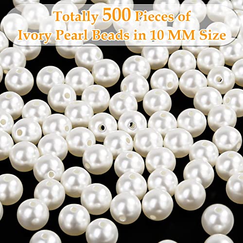 Pearl Beads for Craft, Anezus 500pcs Ivory Faux Fake Pearls, 10 MM Small Sew on Pearl Beads with Holes for Jewelry Making, Bracelets, Necklaces, Hairs, Crafts, Decoration and Vase Filler - size: 10 MM